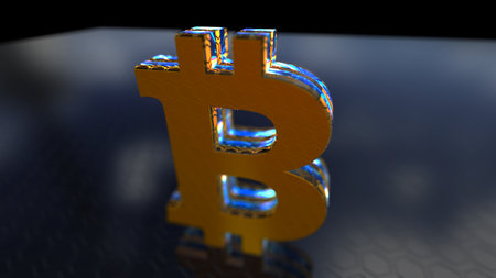 Bitcoin BTC blockchain cryptocurrency 3d symbol spectacular. Abstract glowing golden metal icon illustration.の写真素材