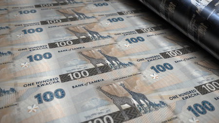 Zambia kwacha Zambian money money printing 3d illustration. 100 ZMW banknote print. Concept of finance, cash, economy crisis, business success, recession, bank, tax and debt.の写真素材