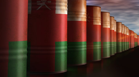 Oman oil crude petroleum fuel barrels in row concept. Omani petrol business and fuel extraction industrial containers 3d illustration.の写真素材