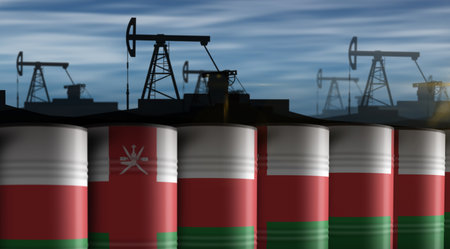 Oman oil crude petroleum fuel barrels in row concept. Omani petrol business and fuel extraction industrial containers 3d illustration.の写真素材