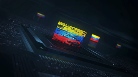 Venezuela digital technology flag cyber on on computer CPU in background. Venezuelan banner cyberattack and espionage concept illustration.の写真素材