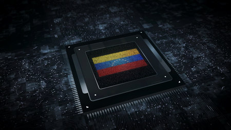 Venezuela digital technology flag cyber on on computer CPU in background. Venezuelan banner cyberattack and espionage concept illustration.の写真素材
