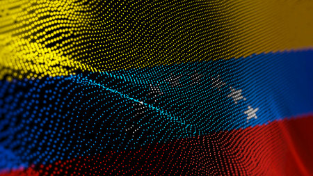 Venezuela digital technology flag cyber background. Venezuelan banner cyberattack and espionage concept illustration.の写真素材