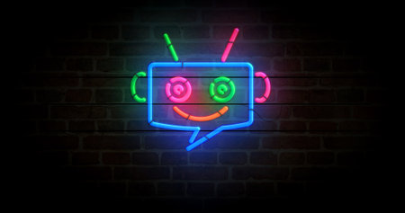 Chat bot artificial intelligence neon symbol. Chatbot ai light color bulbs. Abstract concept 3d...