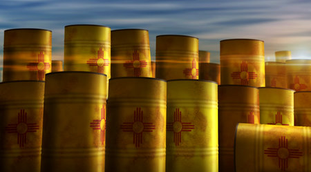 New Mexico oil business and fuel extraction barrels in row concept. American petrol industrial containers 3d illustration.の写真素材