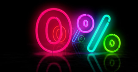 Zero percent sale discount neon symbol. 0 promotion offer light color bulbs. Abstract concept 3d...