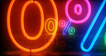 Zero percent sale discount neon symbol. 0 promotion offer light color bulbs. Abstract concept 3d illustration.の写真素材