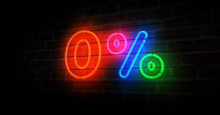 Zero percent sale discount neon symbol. 0 promotion offer light color bulbs. Abstract concept 3d illustration.の写真素材