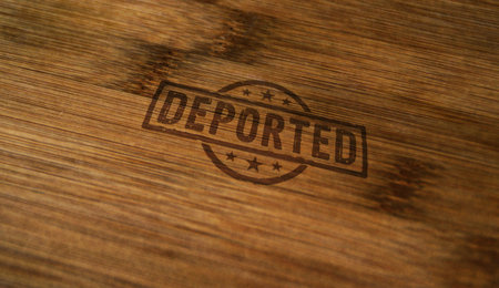 Deported stamp printed on wooden box.の写真素材