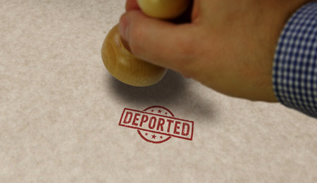 Deported stamp and stamping hand. Illegal migration concept.