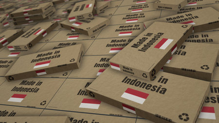 Made in Indonesia box production line. Indonesian export import manufacturing and delivery. Product factory, import and export. Abstract concept 3d illustration.の写真素材