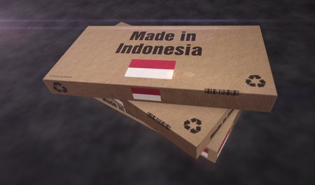 Made in Indonesia box production line. Indonesian export import manufacturing and delivery. Product factory, import and export. Abstract concept 3d illustration.の写真素材
