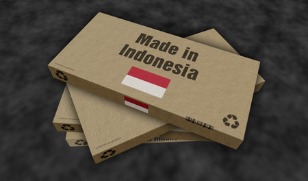 Made in Indonesia box production line. Indonesian export import manufacturing and delivery. Product factory, import and export. Abstract concept 3d illustration.の写真素材