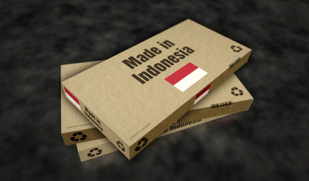 Made in Indonesia box production line. Indonesian export import manufacturing and delivery. Product factory, import and export. Abstract concept 3d illustration.の写真素材