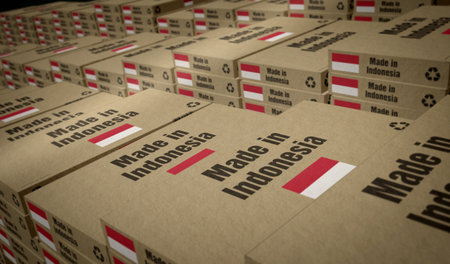 Made in Indonesia box production line. Indonesian export import manufacturing and delivery. Product factory, import and export. Abstract concept 3d illustration.の写真素材