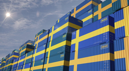 Sweden export production and import cargo containers in row business concept. Swedish flag industrial shipping box 3d illustration.の写真素材