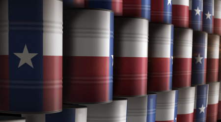 Texas USA oil business and fuel extraction barrels in row concept. American petrol industrial containers 3d illustration.の写真素材