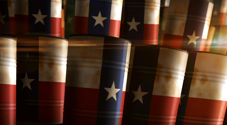 Texas USA oil business and fuel extraction barrels in row concept. American petrol industrial containers 3d illustration.の写真素材