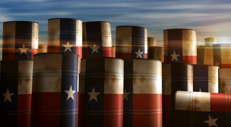 Texas USA oil business and fuel extraction barrels in row concept. American petrol industrial containers 3d illustration.の写真素材