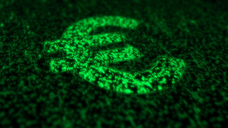 Euro EUR currency EU money symbol matrix style. Abstract concept 3d digital icon illustration.の写真素材