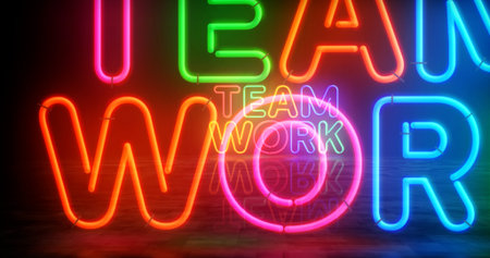 Teamwork partnership neon symbol. Team work collaboration light color bulbs. Abstract concept 3d illustration.の写真素材