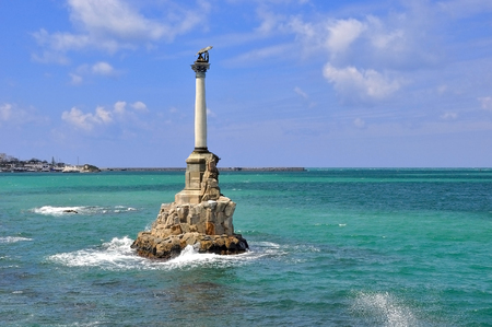 This is the monument to the scuttled Russian ships in Sevastopol. It was erected in memory of the ships sunk to cover Sevastopol from enemy attacks from the sea in the war of 1854.の写真素材