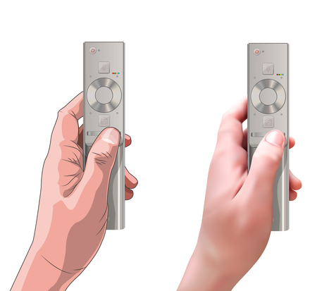 Hand holding tv remote control. Realistic style. Flat style. Vector, white background.のイラスト素材
