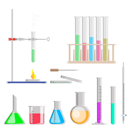 A set of chemical flasks for experiments. Chemical flasks with preparations. Flat design, vector illustration, vector.のイラスト素材