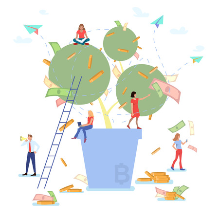 Little people and money tree. Bitcoin. Vector illustration.のイラスト素材