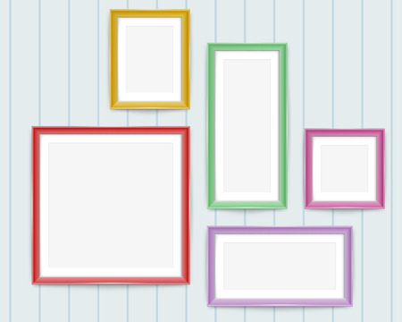 Set of colorful wooden frames. Frames of colorful set for your web design. Colorful picture or photos frames. Vector set of color photo frames on the wall.のイラスト素材