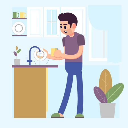 Man washing dirty dishes plates in a sink in the kitchen. Vectorのイラスト素材