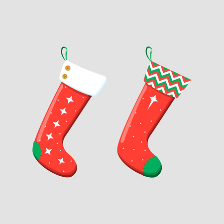 Christmas stockings red green colors. Hanging holiday decorations for gifts.のイラスト素材