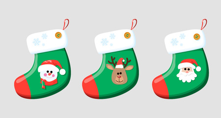 Christmas socks for gifts. Christmas socks with images of snowman, Santa, very.のイラスト素材