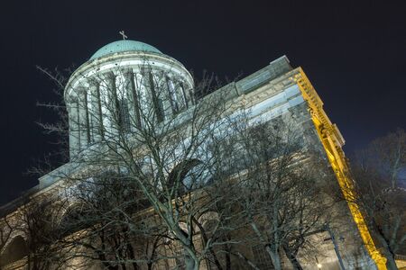 The Esztergom Basilica on a winter night in Hungary.
