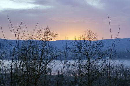 Danube bend on a winter evening at Zebegeny, Hungary.