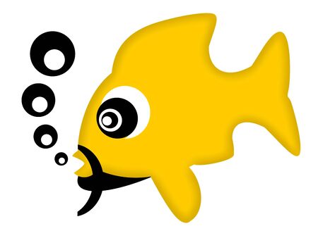 Funny yellow fish with black mustache, beard and bubbles isolated over white backgroundの写真素材