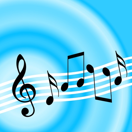 Blue music background with treble clef and random musical notesの写真素材