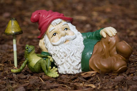 Garden gnome peaceful relaxing with a frogの写真素材