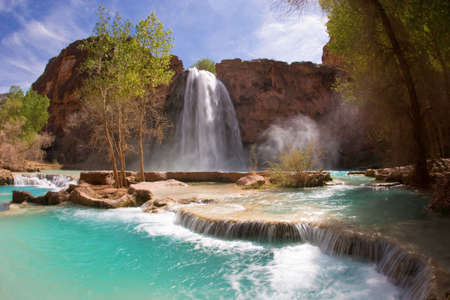 Havasu Falls and its lime green water in Arizonaの写真素材