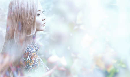 Botanical image collage of women and flowers with pastel color backgroundの写真素材