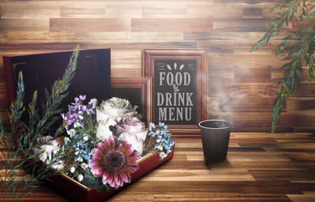 Blackboard frame and black cup drinkの写真素材