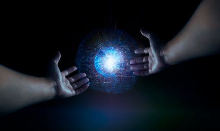 Hologram and human hand feeling the floating earth and fingerprint screen interface and the futureの写真素材