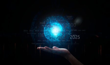 Hologram and human hand feeling the floating earth and fingerprint screen interface and the futureの写真素材