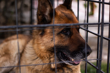 Closeup photo portrait of a german shepherd in a cageの写真素材