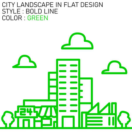city landscape in flat design with green bold lines, white fills.のイラスト素材