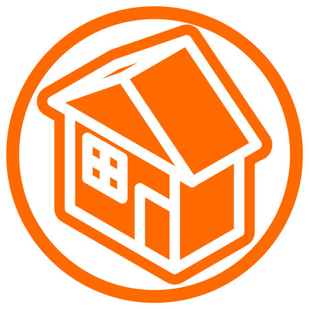 Standard house icon in isometric flat design with orange color and outline on a line circle background.のイラスト素材