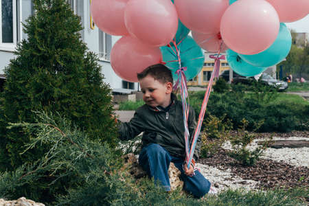 portrait, a boy with pink and blue balloons, with butterflies.boy smiles