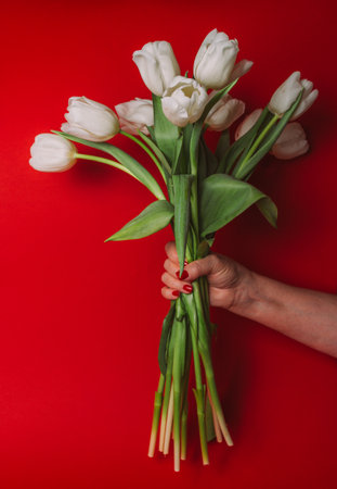 bouquet of white tulips in hand on a red background, holiday, gift, congratulationの写真素材