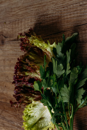 green salad and parsley lie on the table, the concept of proper nutrition, diet,の写真素材