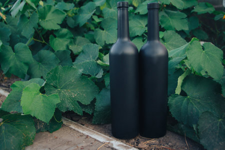 two black wine bottle stands on a background of green grape leaves, all in green countryside, natural wineの写真素材